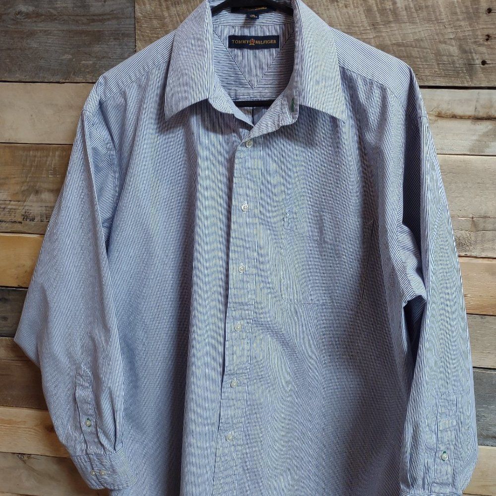 Tommy Hilfiger Men's Blue & White Striped Long Sleeve Dress Shirt - 16 32/33